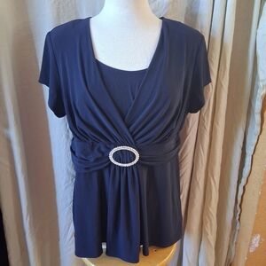 R&M Richards navy blue vtg  short sleeve top with pearl embellished belt 14W